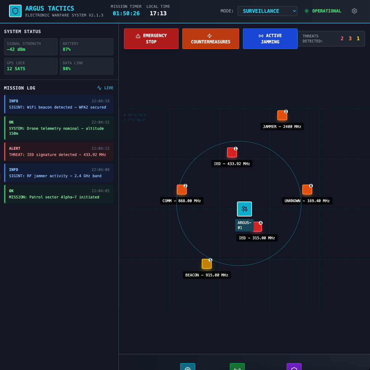 Interface de l'application Argus Tactics